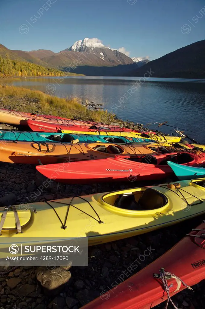 Rental kayaks ashore at Eklutna Lake in Chugach State Park, Alaska
