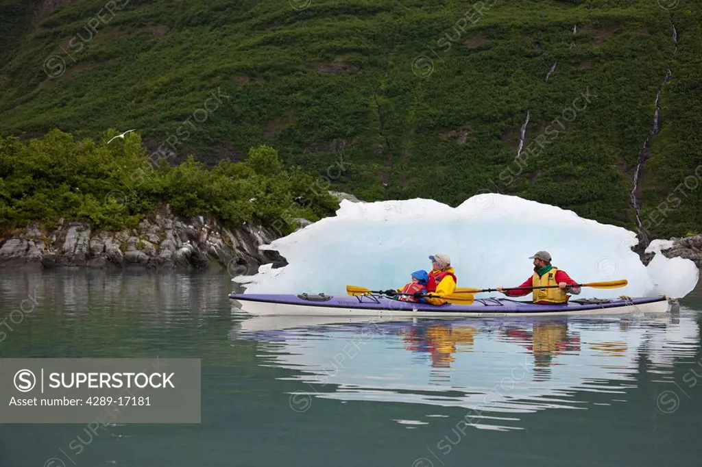 Family kayaking in Shoup Bay, Shoup Bay State Marine Park, Prince William Sound, Southcentral Alaska