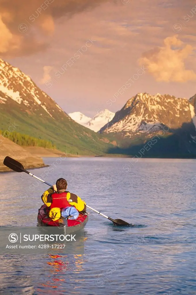 Man Kayaking on Eklutna Lake SC Alaska Chugach State Park