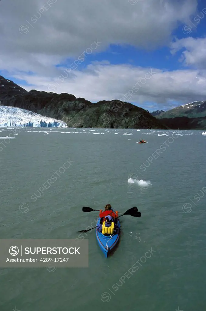 Sea Kayakers in Nassau Fjord PWS SC Alaska Summer near Chenega Glacier