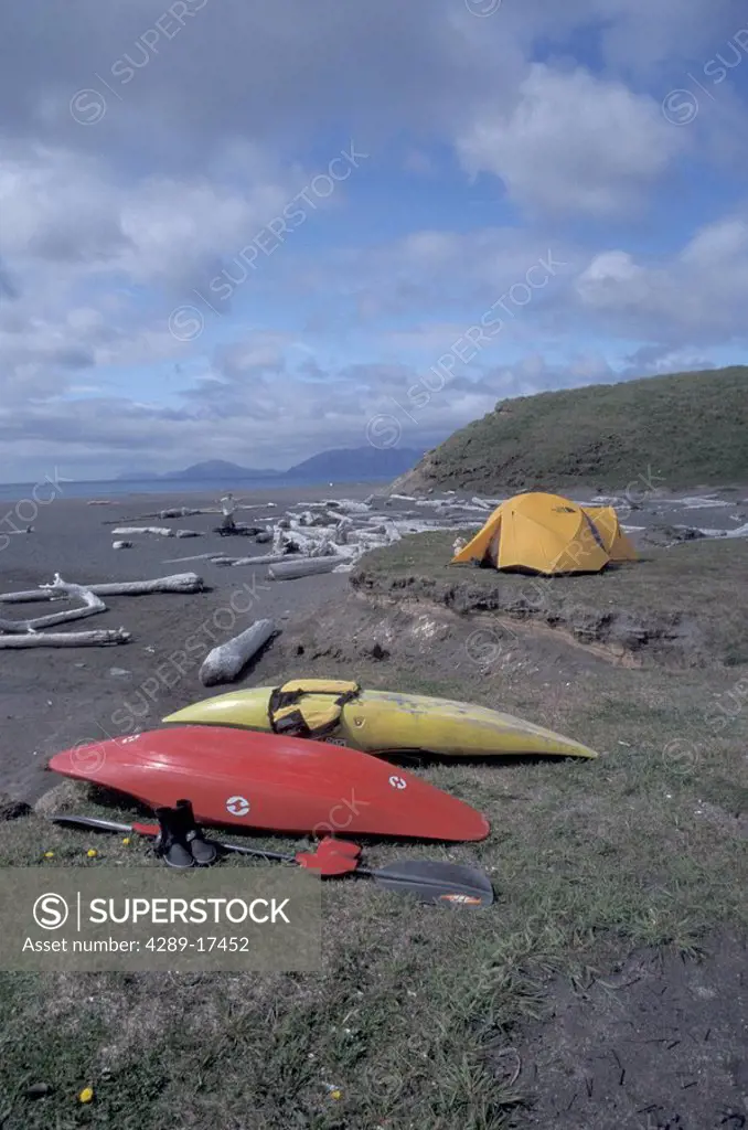 Kayaks and Tent on Pasagshak Bay Beach Kodiak