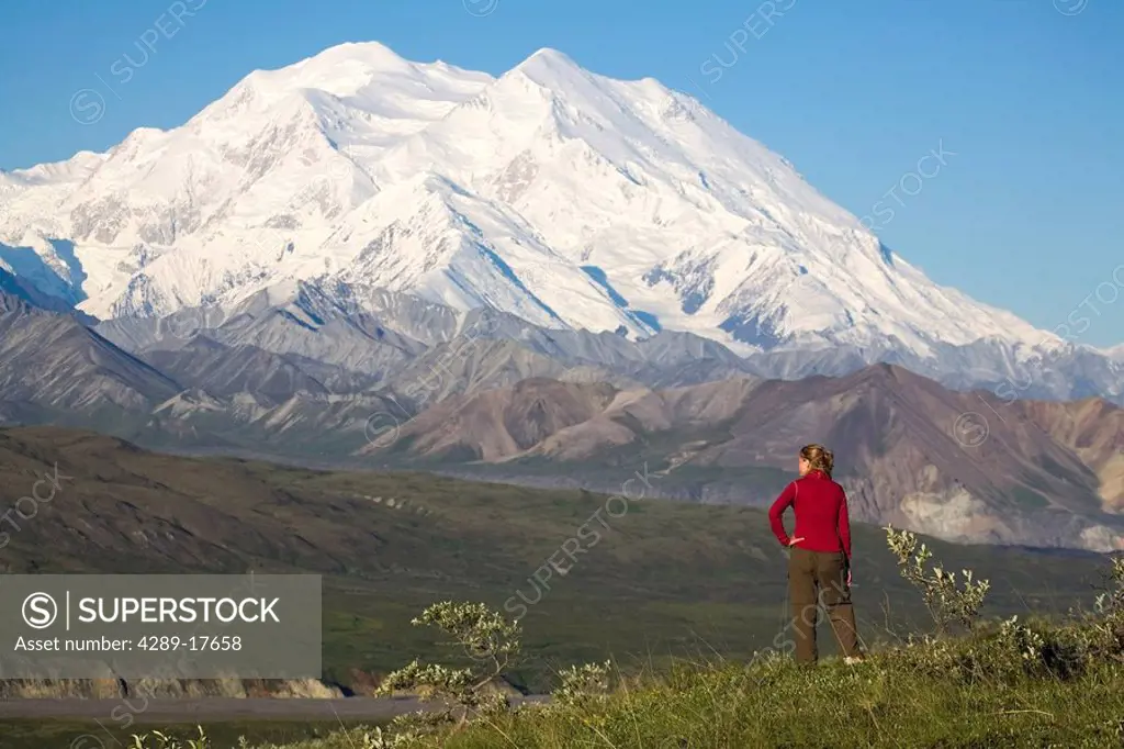 Woman views Mt.McKinley near the Eielson visitor center summer Denali National Park Alaska