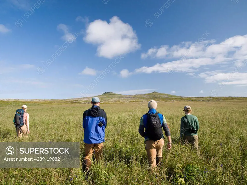 Trekkers hike to volcanic peaks on St. Paul Island, Southwest Alaska, Summer