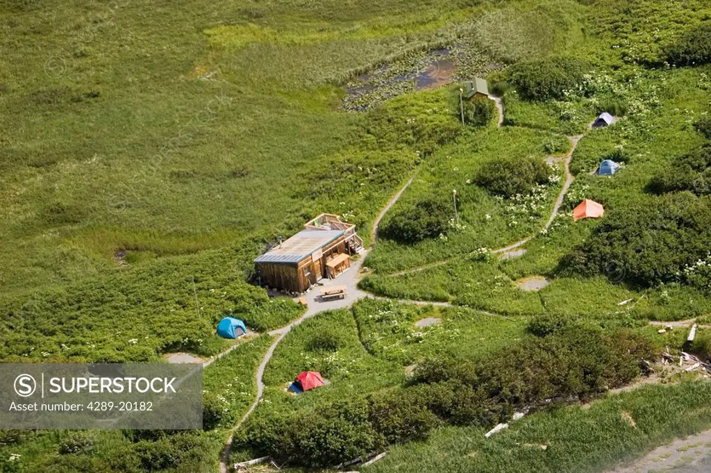 Aerial view of Fish & Game Mess cabin & campsites @ McNeil River State Game Sanctuary SW Alaska Summer