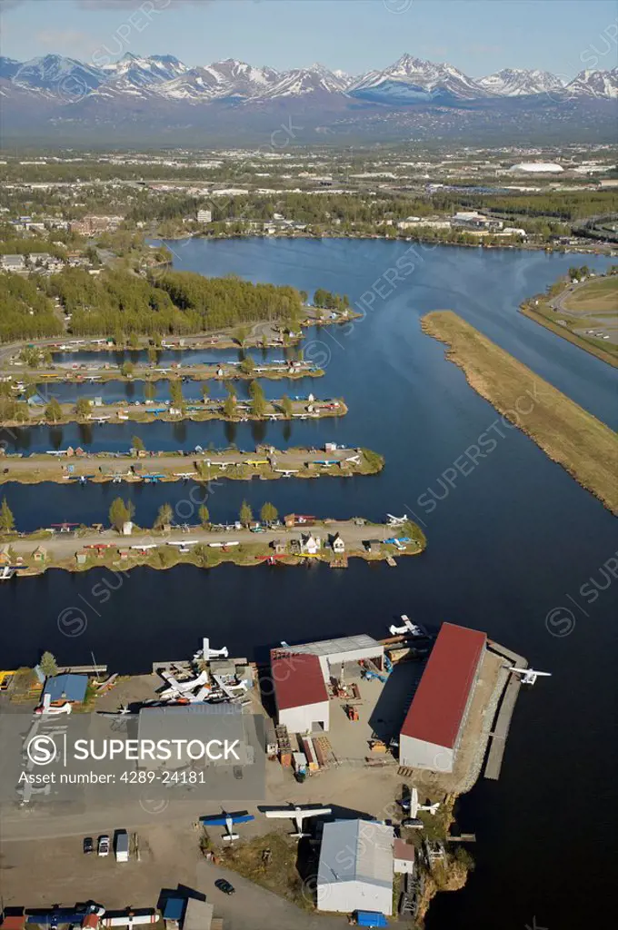 Aerial view of Lake Hood float plane facility in Anchorage, Alaska