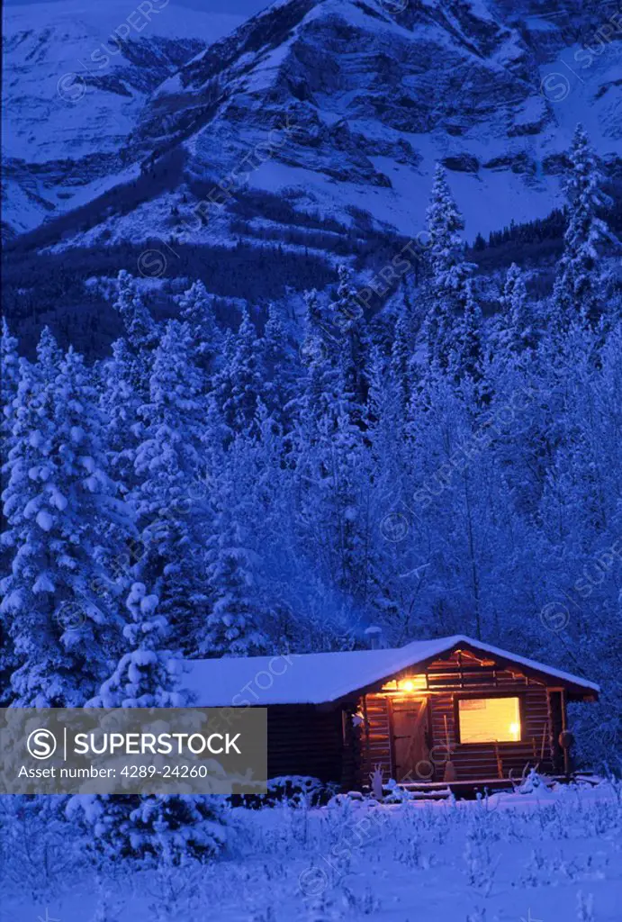 Log Cabin at Night AK Range Snowcapped Mtns Interior AK Winter Scenic