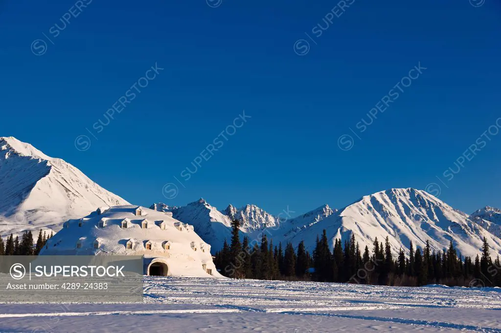 View of Igloo City, a uniquely Alaskan architectural icon located along the George Parks Highway near Broad Pass, Southcentral Alaska, Winter