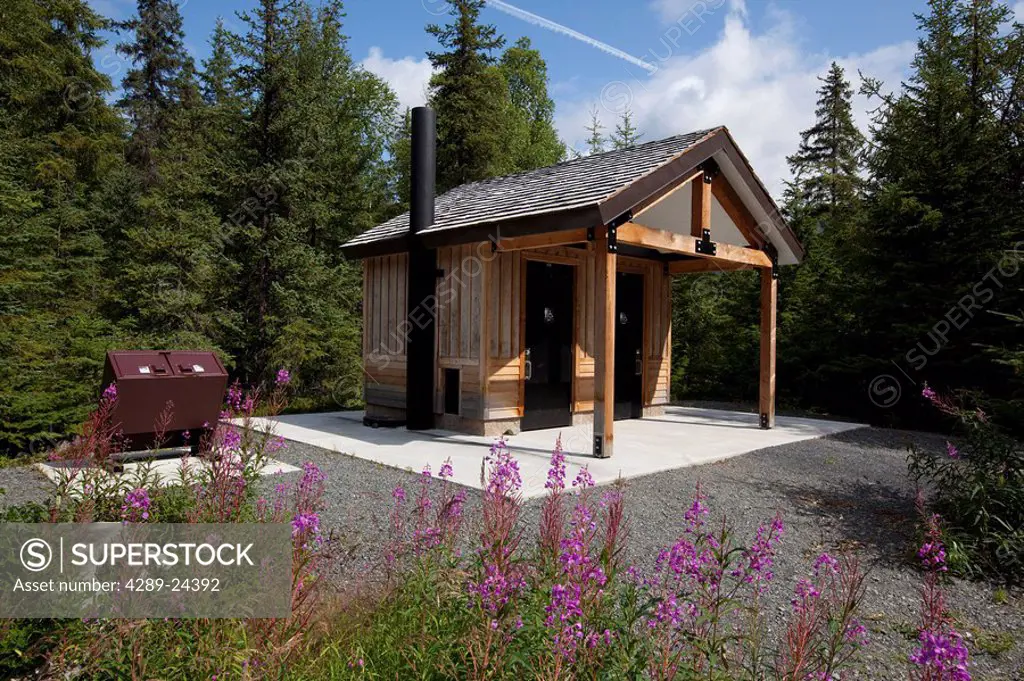 Modern outhouse building at Trail River Campground, Kenai Peninsula, Southcentral Alaska