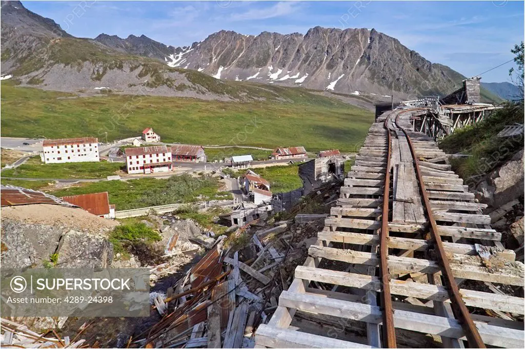 Old ore car tracks on a wooden trestle overlooking the Indendence Mine State Historical Park, Hatcher Pass, Southcentral Alaska