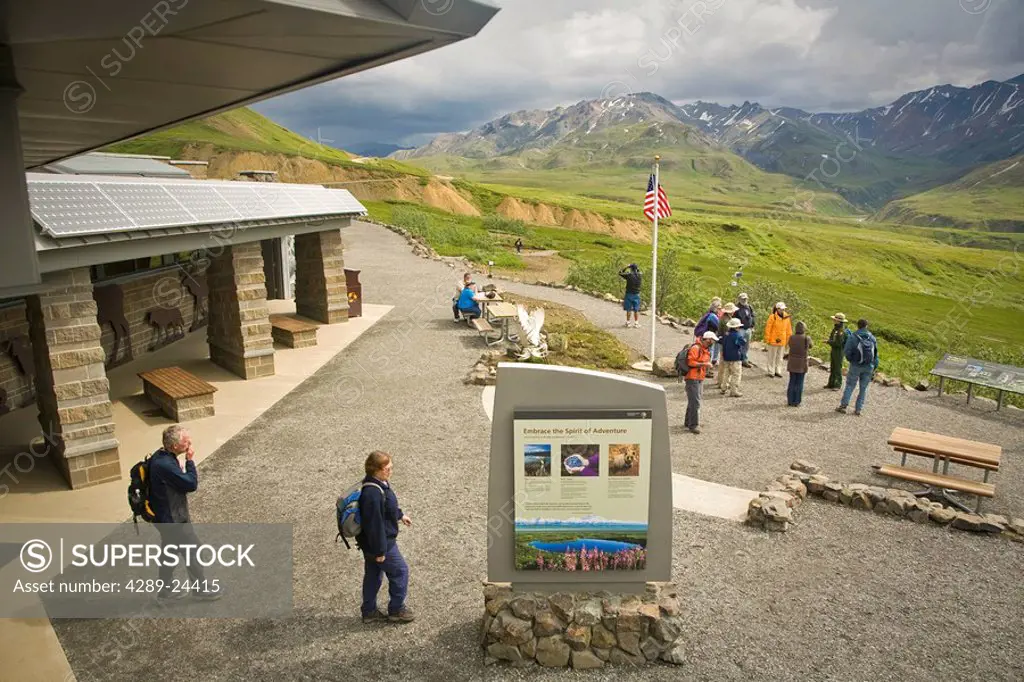 Denali National Park interpretive Ranger speaks to visitors before a nature hike outdoors at the new 2008 Eielson visitor center in Denali National Pa...