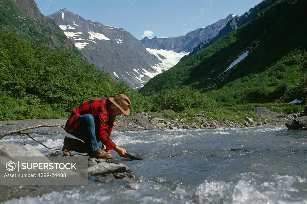Brevier Creek Mineral Creek Valley Valdez Southcentral Alaska Man Panning Gold Summer