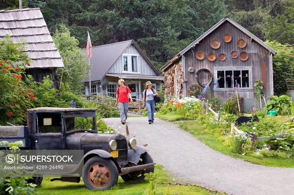 Historic Crow Creek Mine with view of truck and Buildings near Girdwood Alaska Southcentral summer