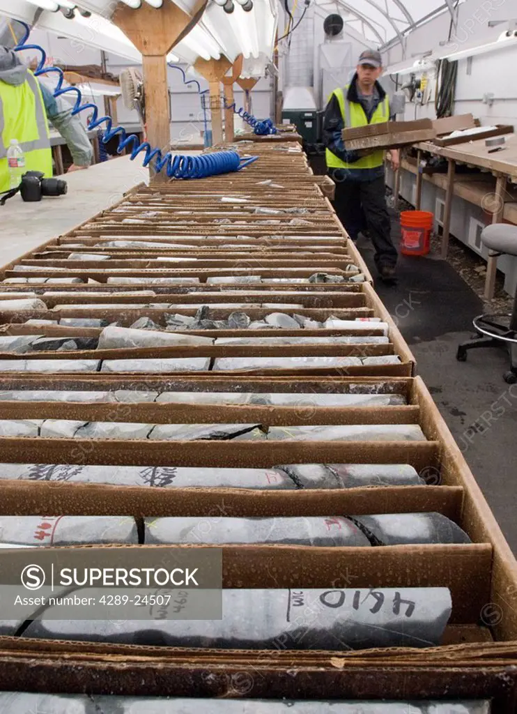 Core samples line a table in a Northern Dynasty_Pebble Partnership geology lab near Iliamna, Alaska