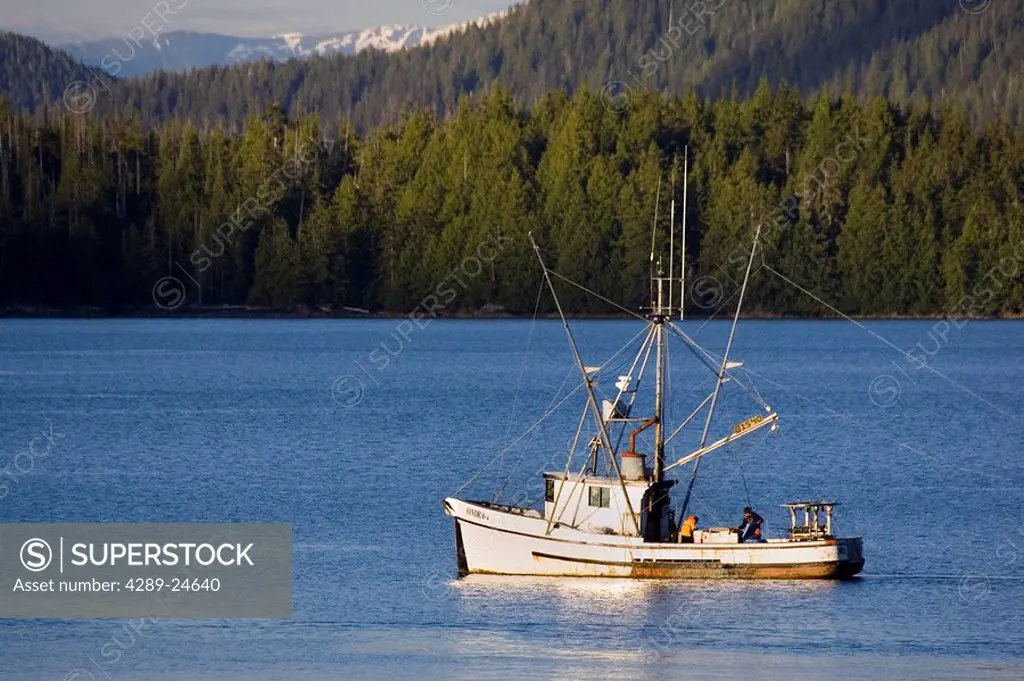 Commercial fishing boats trolling for King Salmon near Mountain Point Ketchikan Alaska Southeast Summer