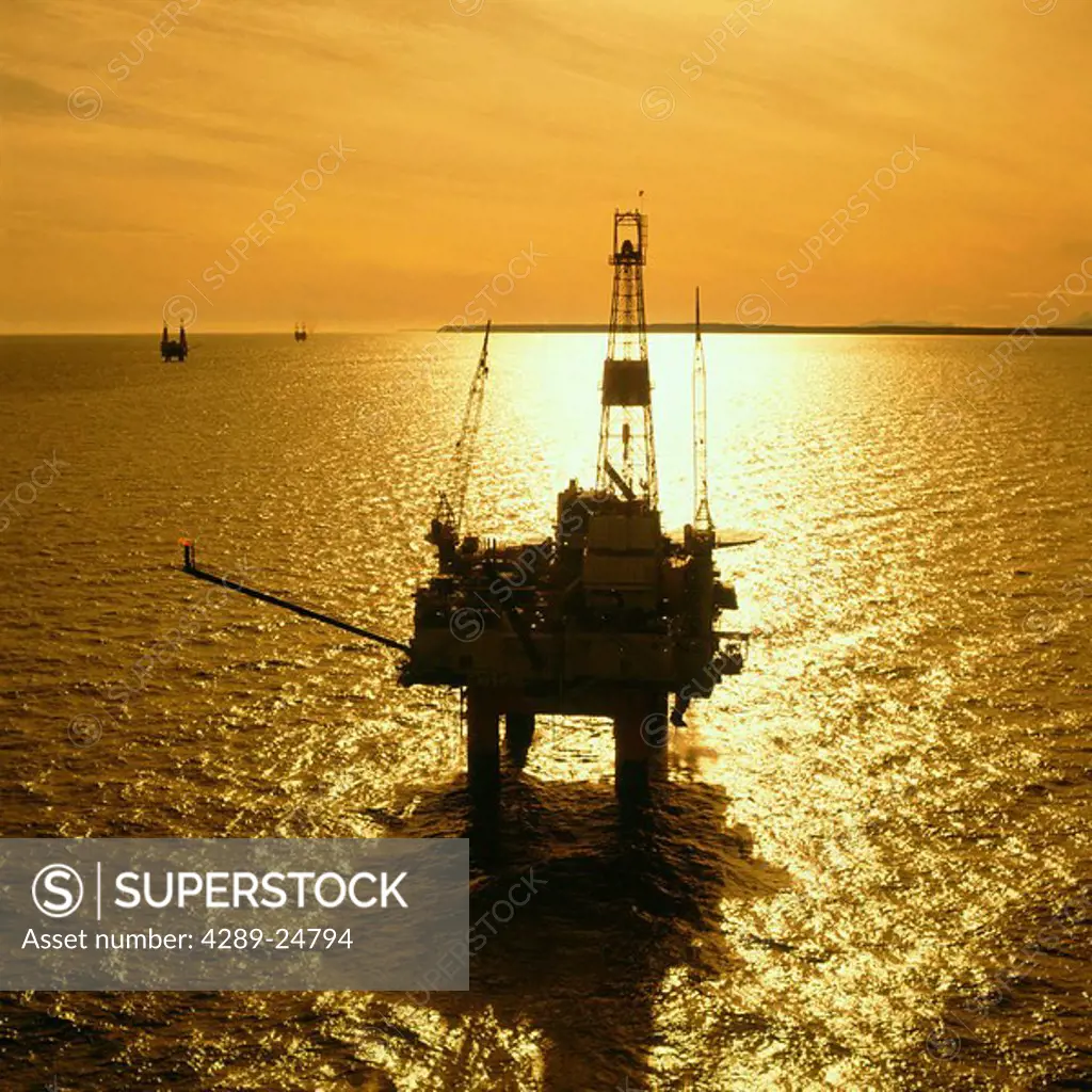 Oil rig in Cook Inlet Anchorage SC AK sunset summer scenic