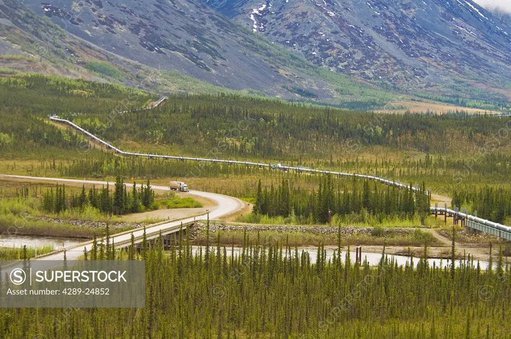 View of the Trans_Alaska oil pipeline traversing the tundra along the Dalton Highway south of the Brooks Range, Interior Alaska, Summer