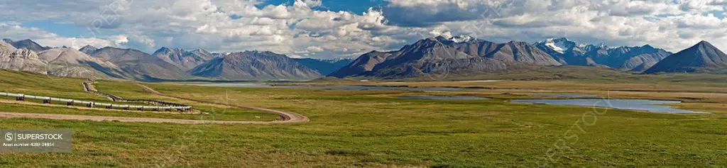 Panorama view of the Brooks Range and the Alaska Oil Pipeline in Arctic, Alaska during Summer