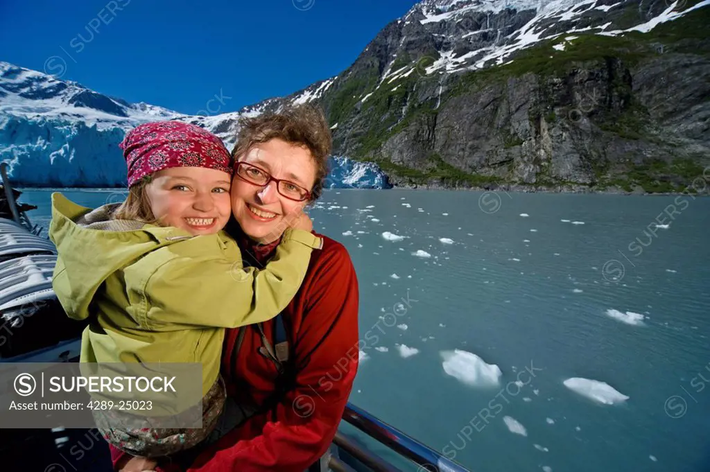 Mother and daughter enjoy a tour in Harriman Fjord aboard the Klondike Express in Southcentral Alaska