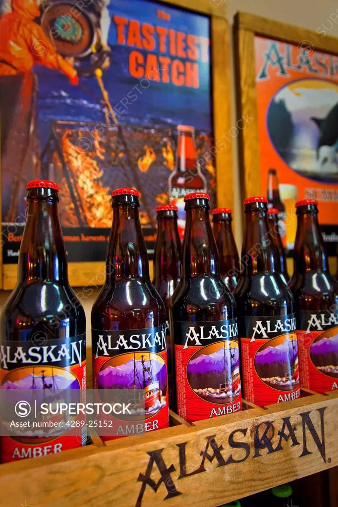 Close up of the gift shop beer display at the Alaskan Brewing Company in Juneau, Southeast Alaska, Summer