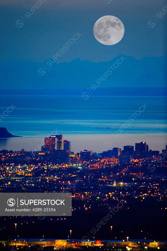 Anchorage skyline at sunset with the Cook Inlet in the background, Southcentral Alaska, Spring