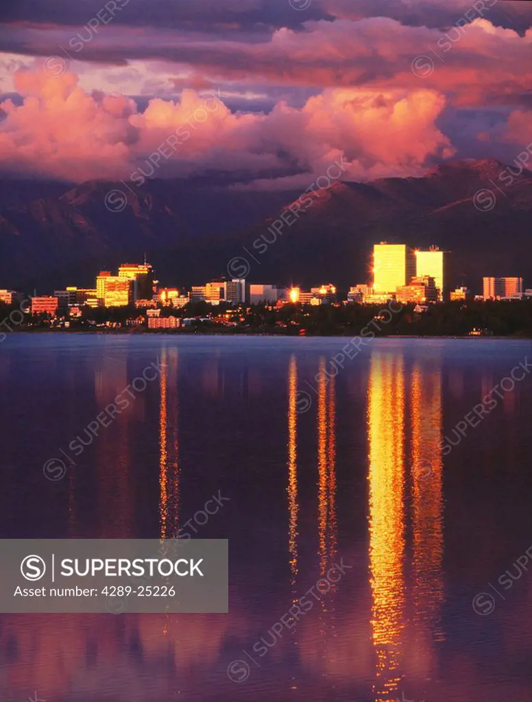 Anchorage Skyline Sunset from Pt Waronzof Summer AK Southcentral Chugach Mtns Downtown