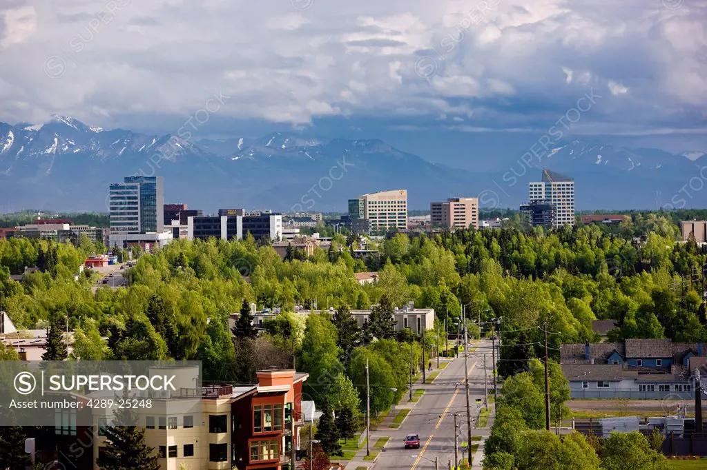 View of midtown Anchorage looking south toward the Kenai Mountains during Summer, Southcentral Alaska