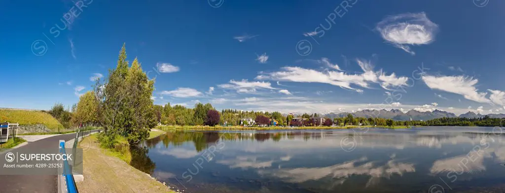 View over the Westchester Lagoon from the Tony Knowles Coastal Trail during Summer, Anchorage, Southcentral Alaska