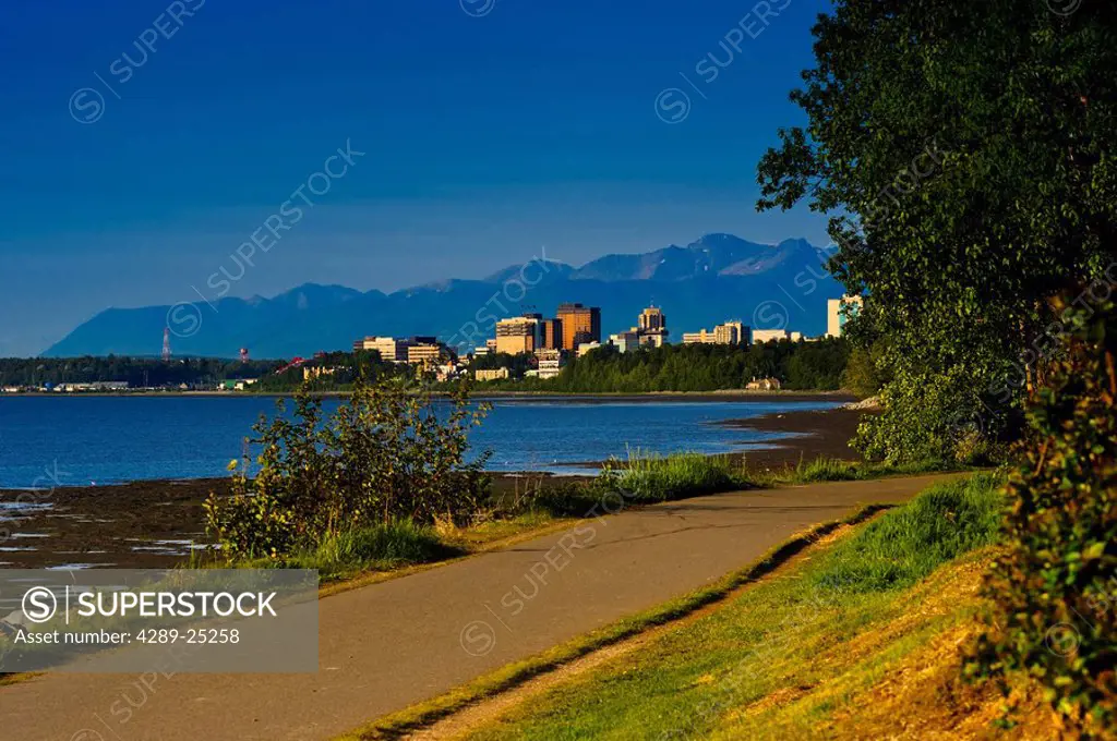 View of downtown Anchorage from the Tony Knowles Coastal Trail, Anchorage, Southcentral Alaska, summer