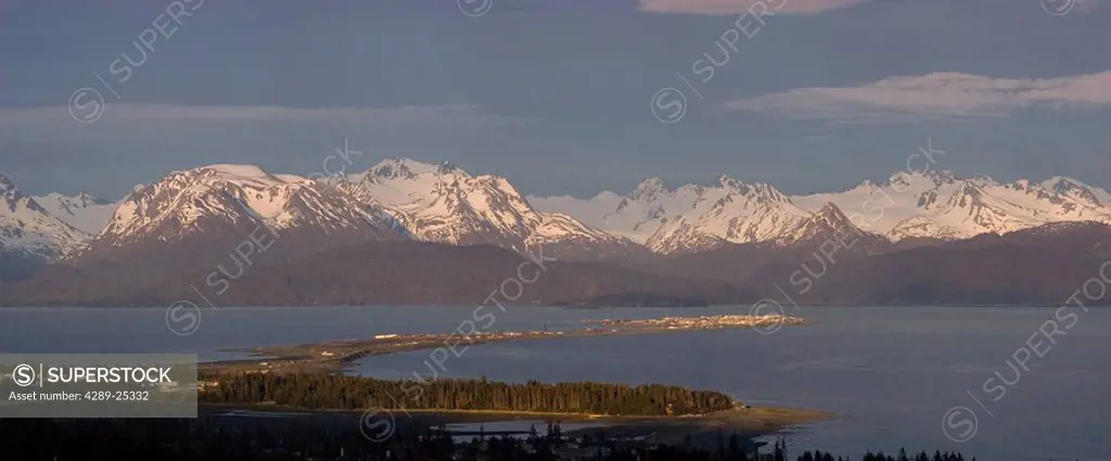 Alpenglow light on Homer Spit & Kenai Mountains Kachemak Bay Kenai Peninsula Alaska Summer