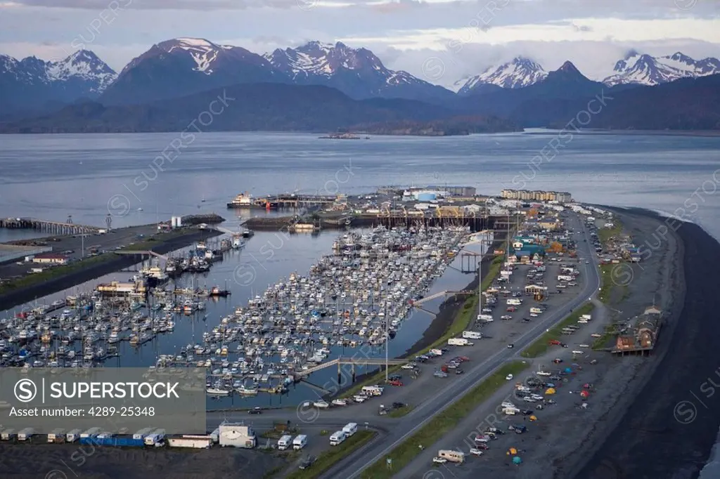 Aerial view of Homer Boat Harbor on Homer Spit Kachemak Bay Kenai Mountains Kenai Peninsula Alaska Summer