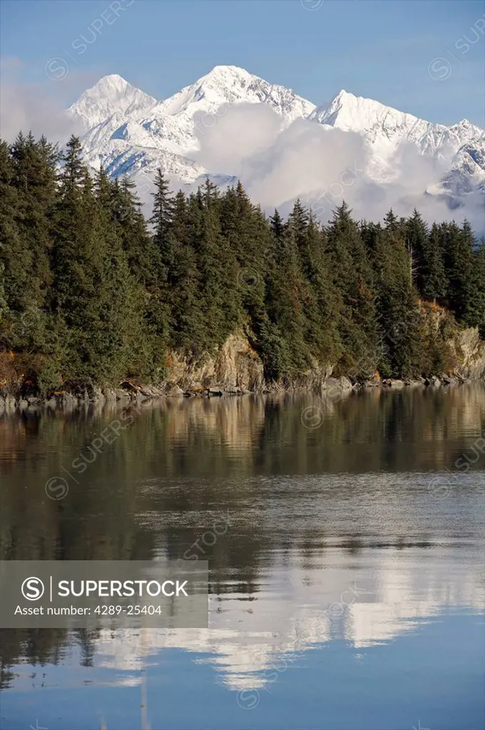 Scenic view near the Valdez Harbor with Chugach Mountains rising in the background, Alaska