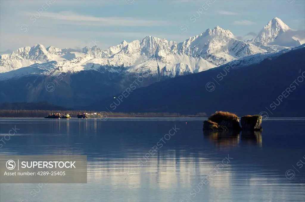 Scenic view near the Valdez Harbor with Chugach Mountains rising in the background, Alaska
