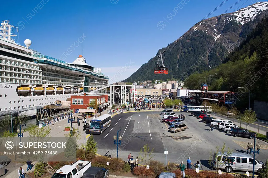 The Royal Caribbean Cruise Lines ship, Radiance of the Seas, docks at the South Franklin dock in front of the Mt. Roberts Tram in downtown Juneau, Sou...