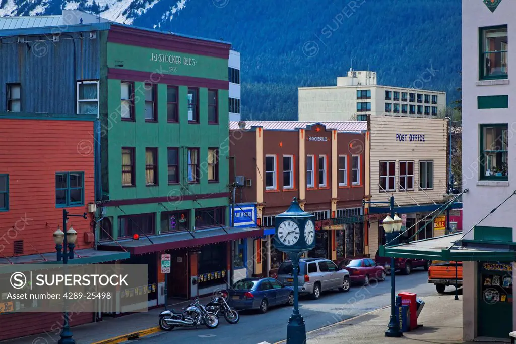 View of Franklin Street and buildings in Downtown Juneau on a sunny day, Southeast Alaska, Summer