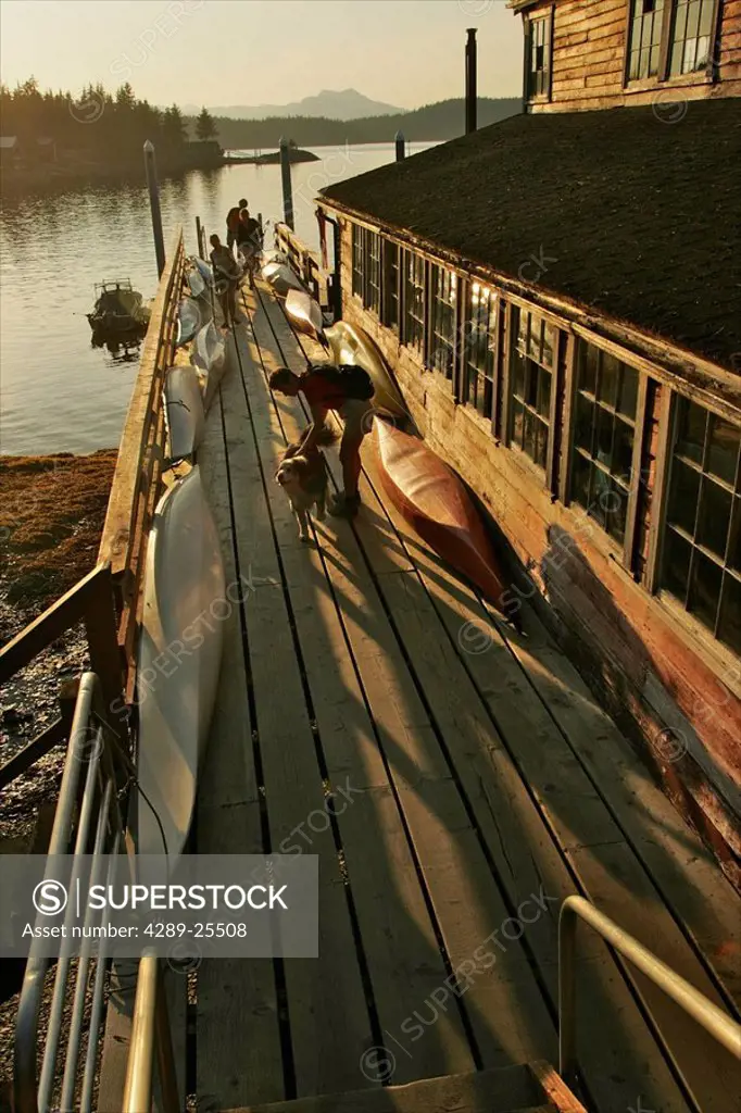 Kayaks lay on deck of tour company in Ketchikan, Alaska