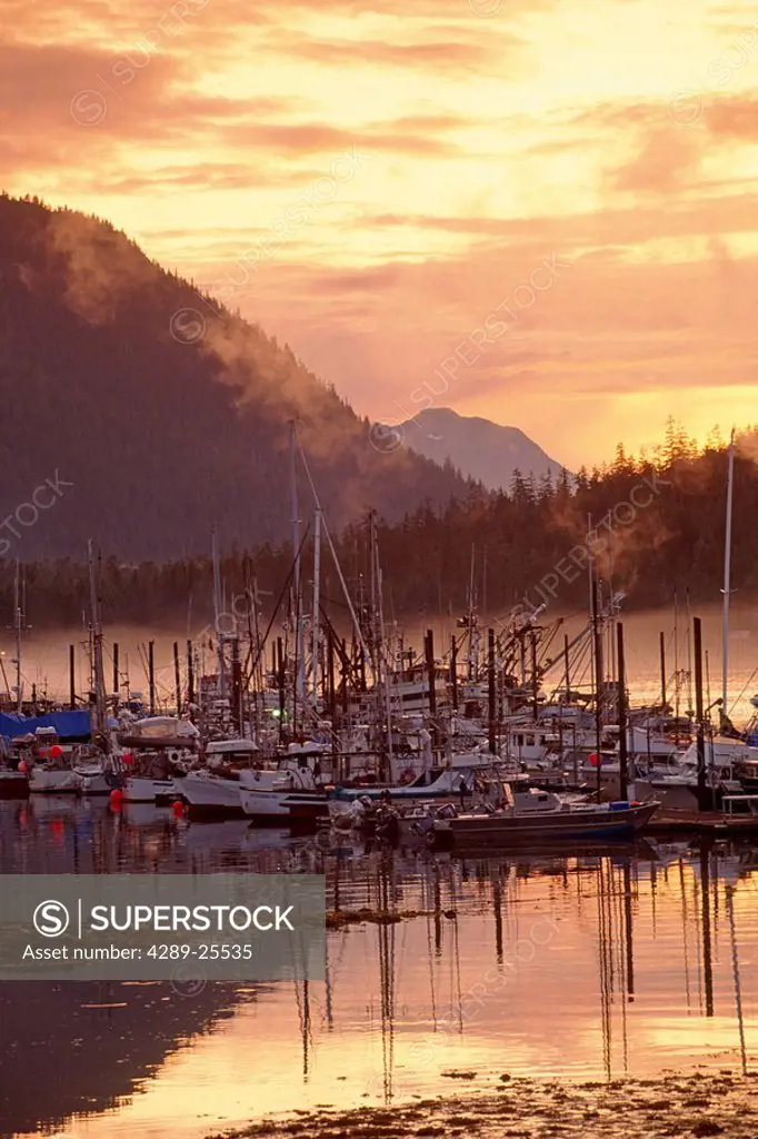 Petersburg boat harbor sunset Southeast Alaska summer Coast Mountains