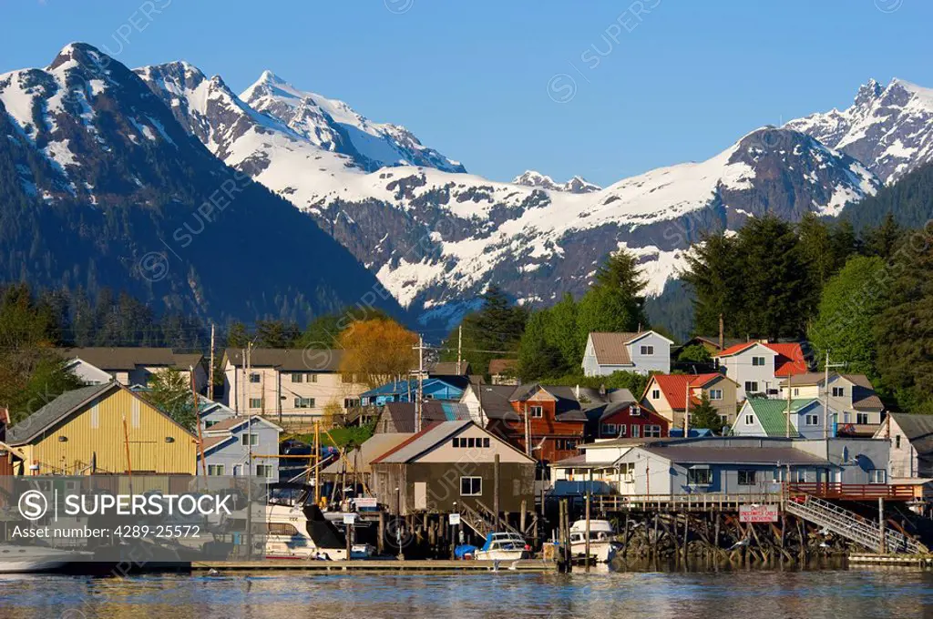 View of the Sitka waterfront docks and houses during Summer in Alaska