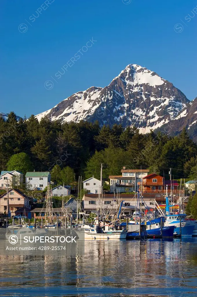View of the Sitka waterfront docks and houses during Summer in Alaska