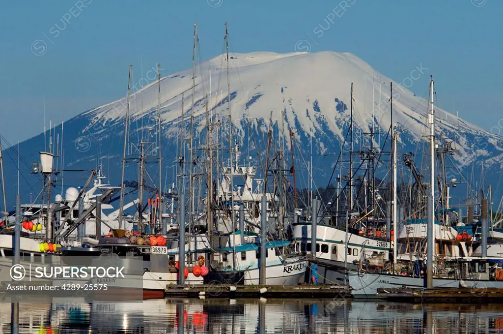 Mt. Edgecumbe and the small boat harbor in Sitka, Alaska