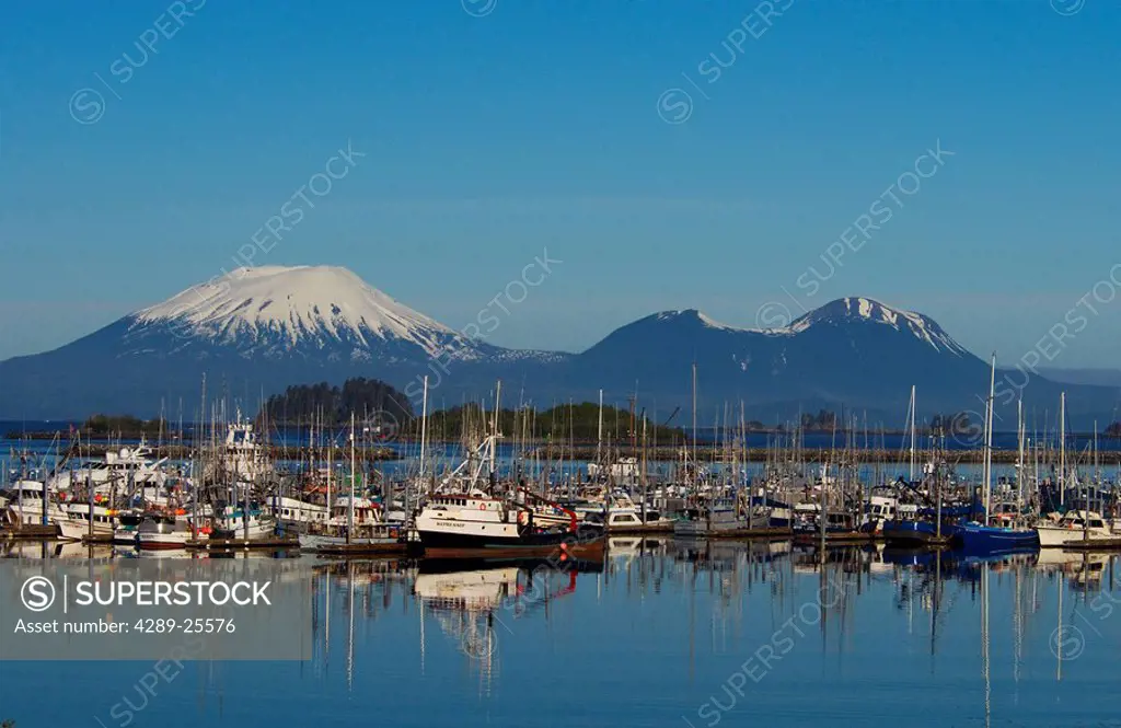 Mt. Edgecumbe and the small boat harbor in Sitka, Alaska