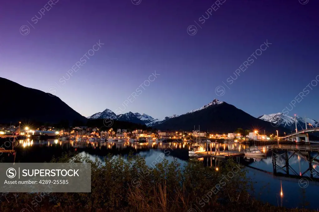 Sunset view of Sitka during the last few rays of sunshine in Southeast Alaska