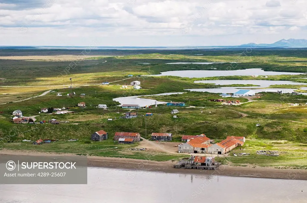 Aerial view of the city of Pilot Point, Bristol Bay, Alaska during Summer./n
