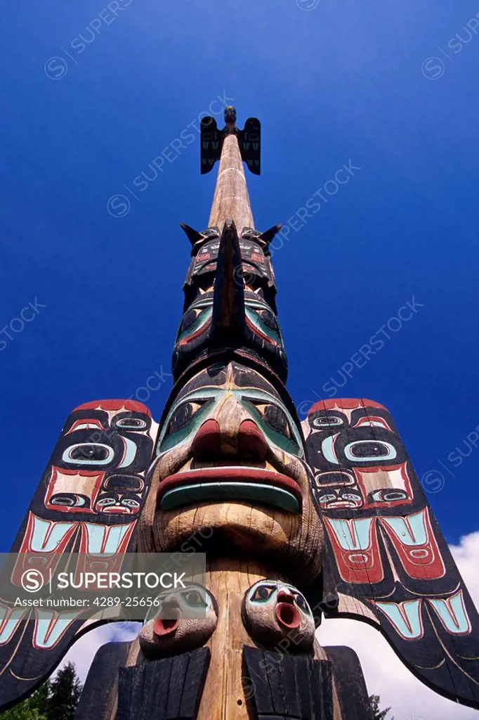 Chief Johnson Totem Pole in downtown Ketchikan Southeast Alaska Summer