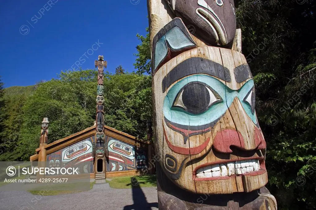 Clan House w/Totem pole @ Totem Bight State Historical Park near Ketchikan AK Southeast
