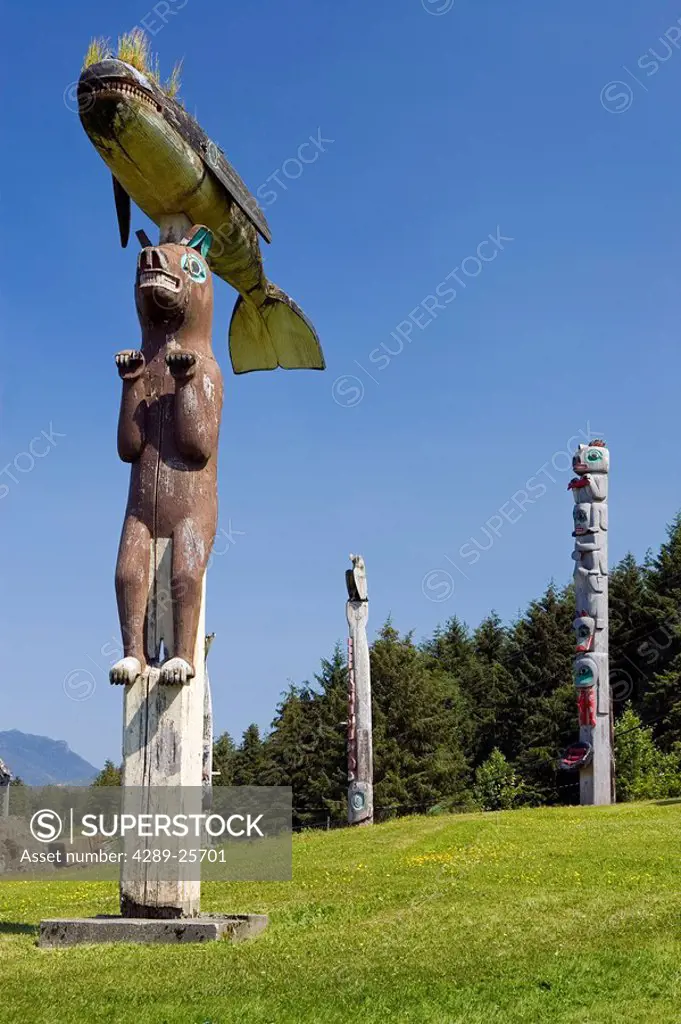 Totem poles in the town of Klawock Prince of Wales Island Alaska Southeast Summer Inside Passage