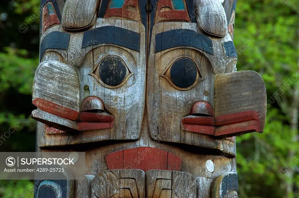 Native totem pole in Sitka National Historical Park, Alaska