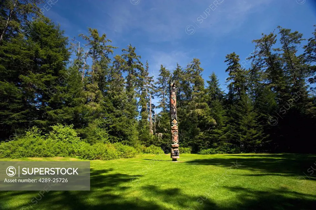 Single totem pole at the end of the totem trail in the Sitka National Historic Park, Alaska