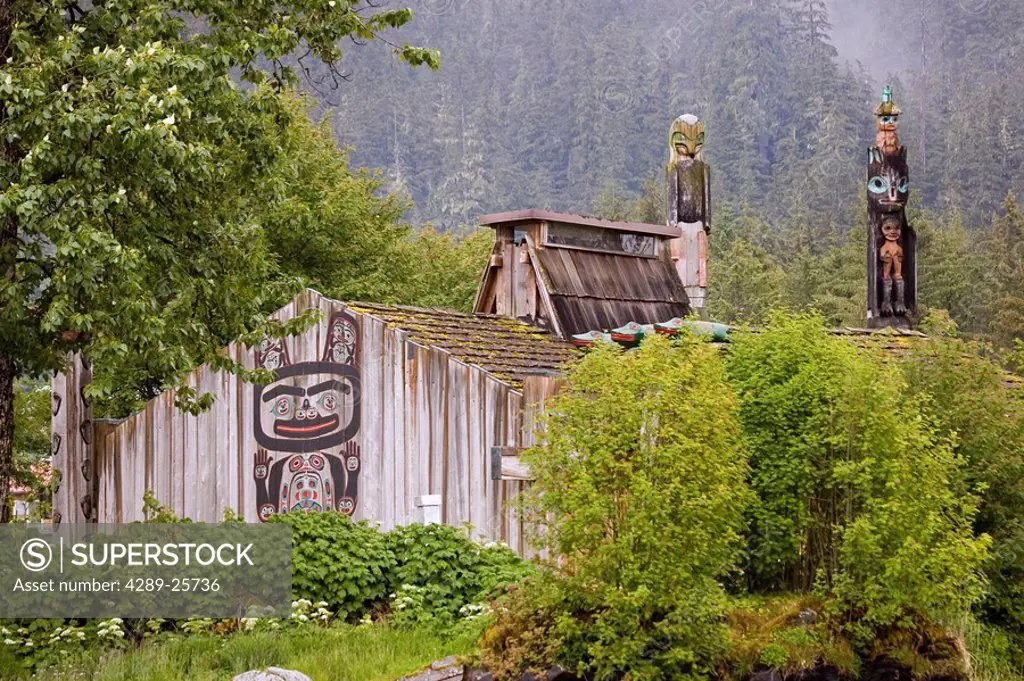 Totem poles & Tribal House of the Bear Chief Shakes Island Wrangell Alaska Southeast Summer
