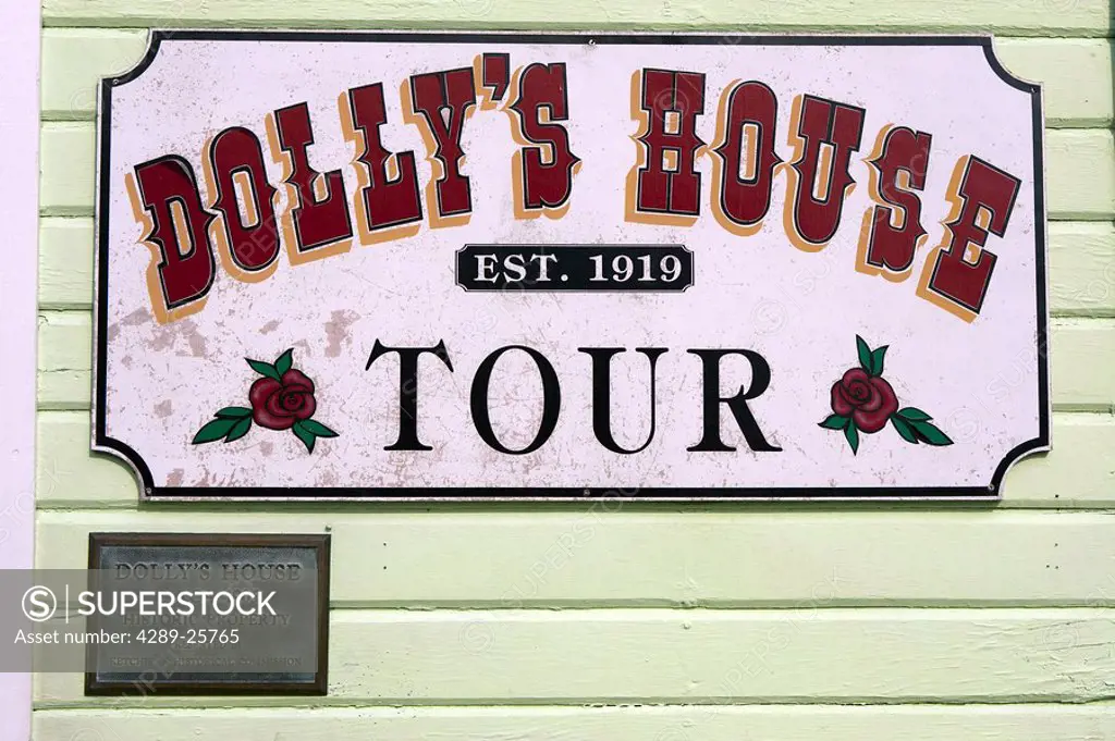 Close up of a sign for Dolly´s House on Creek Street in Ketchikan, Alaska