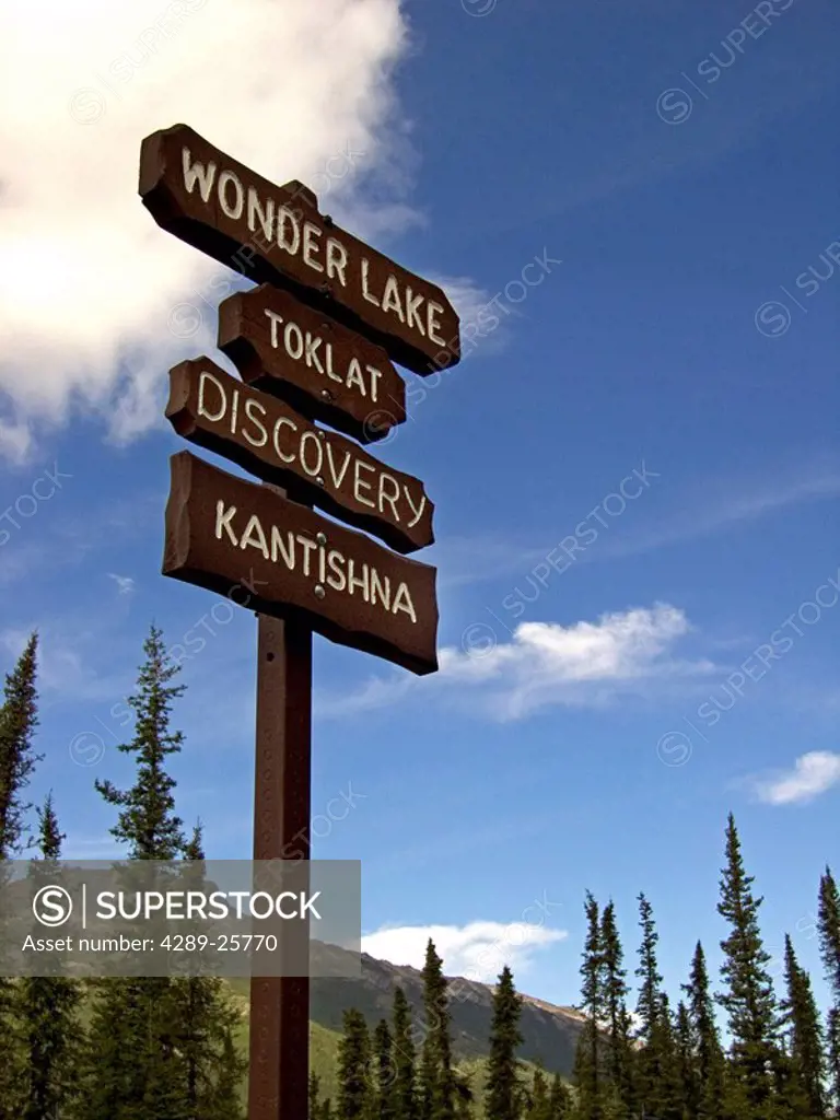 Road sign in Denali National Park pointing to various destinations Interior Alaska Summer